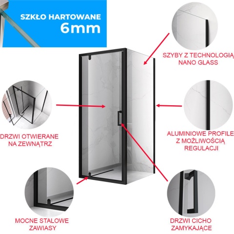 KABINA PRYSZNICOWA KWADRATOWA KZ04B CZARNA 80x80 CM 6 MM