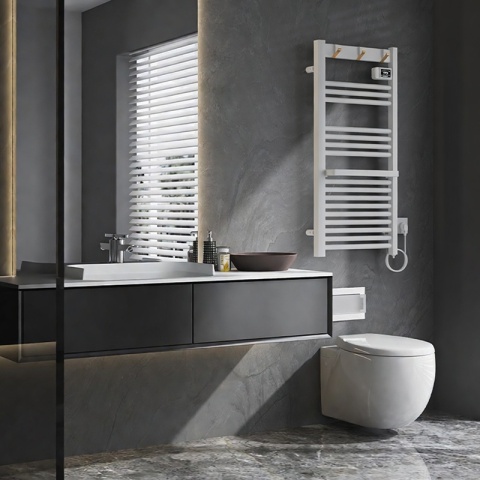 GRZEJNIK ŁAZIENKOWY ELEKTRYCZNY ALUMINIOWY DRABINKA ECO 500W Z WIESZAKAMI BIAŁY YASUR-WH