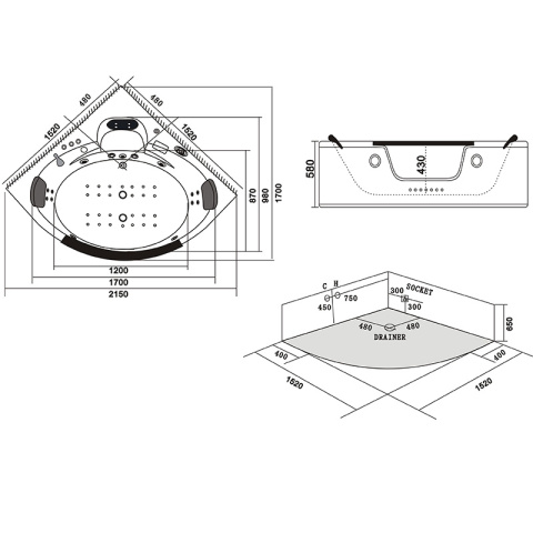 WANNA Z HYDROMASAŻEM TIGA 604H BIAŁA 152x152 CM