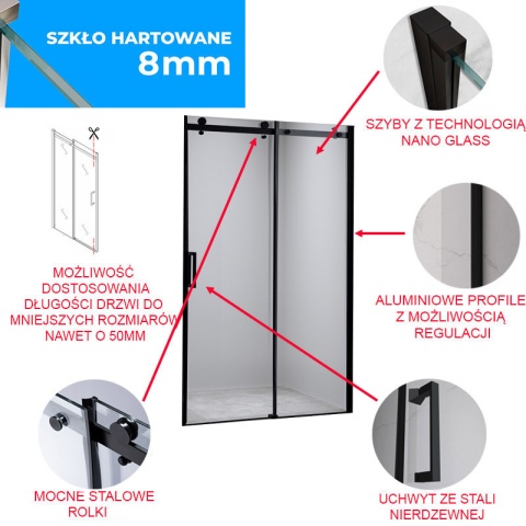 DRZWI PRYSZNICOWE PRZESUWNE DO WNĘKI ZES-SH03C-BL-110 CZARNE 105-110 CM 8 MM