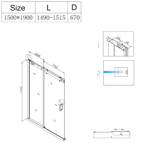 DRZWI PRYSZNICOWE PRZESUWNE DO WNĘKI ZES-SH03G-150 CHROM 145-150 CM 8 MM