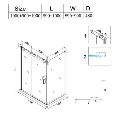 KABINA PRYSZNICOWA PROSTOKĄTNA ZES-BS14A-100X90 CZARNA 100x90 CM