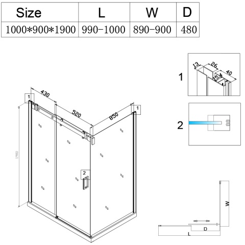 KABINA PRYSZNICOWA PROSTOKĄTNA ZES-KZ202A-WH-100X90 BIAŁA 100x90 CM