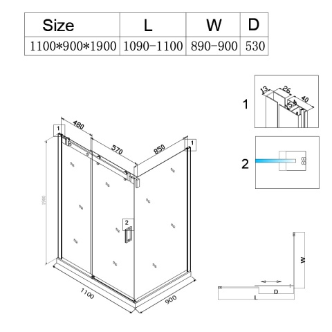KABINA PRYSZNICOWA PROSTOKĄTNA NAROŻNA ZES-BS14B-110X90 CZARNY 110x90 CM SZKŁO 8 MM