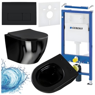 ZESTAW PODTYNKOWY WC STELAŻ GEBERIT DUOFIX MISKA MIZU-BL-RIM-03 PRZYCISK DELTA 50 CZARNY POŁYSK