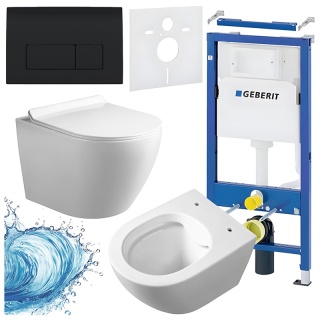 ZESTAW PODTYNKOWY WC STELAŻ GEBERIT DUOFIX MISKA MIZU-WH-RIM-01 PRZYCISK DELTA 50 CZARNY POŁYSK