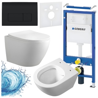 ZESTAW PODTYNKOWY WC STELAŻ GEBERIT DUOFIX MISKA MIZU-WH-RIM-03 PRZYCISK DELTA 50 CZARNY POŁYSK
