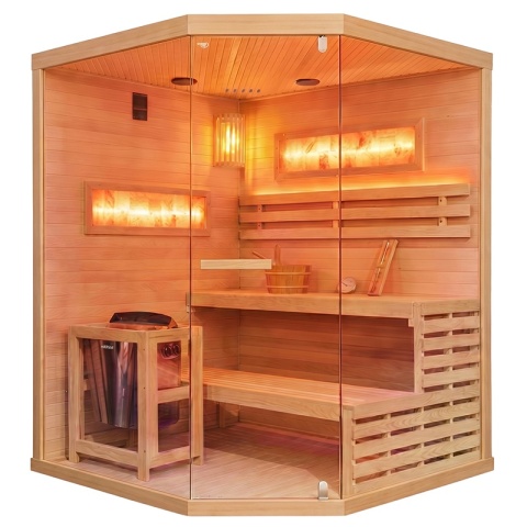 SAUNA FIŃSKA WYSOKOTEMPERATUROWA Z PIECEM LARK4-WD/HARVIA 6KW 4-5 OSOBOWA 150x150 CM