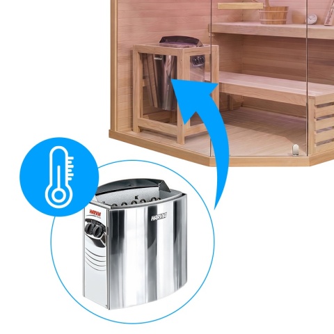 SAUNA FIŃSKA WYSOKOTEMPERATUROWA Z PIECEM LARK4-WD/HARVIA 6KW 4-5 OSOBOWA 150x150 CM