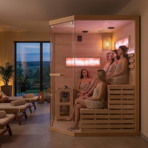 SAUNA FIŃSKA WYSOKOTEMPERATUROWA Z PIECEM LARK4-WD/HARVIA 6KW 4-5 OSOBOWA 150x150 CM