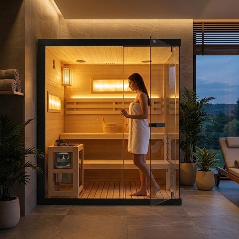 SAUNA FIŃSKA WYSOKOTEMPERATUROWA Z PIECEM LARK5/HARVIA 6KW 4-5 OSOBOWA 180x160 CM