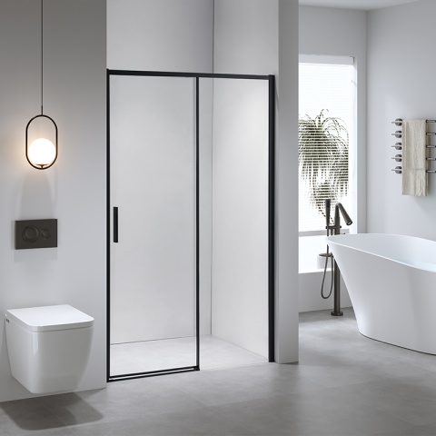 DRZWI PRYSZNICOWE WNĘKOWE PRZESUWNE SUPER SLIM NOVA CZARNE 90CM SZKŁO 6 MM