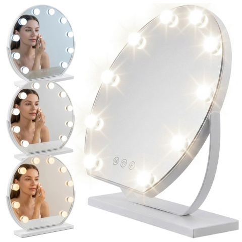 LUSTRO LED OKRĄGŁE 50 CM DO MAKIJAŻU TOALETKI PODŚWIETLANE BIAŁE METALOWE NOEMI