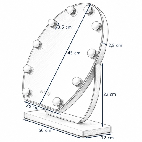 LUSTRO LED OKRĄGŁE 50 CM DO MAKIJAŻU TOALETKI PODŚWIETLANE BIAŁE METALOWE NOEMI