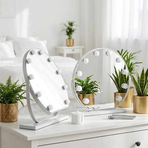LUSTRO LED OKRĄGŁE 50 CM DO MAKIJAŻU TOALETKI PODŚWIETLANE BIAŁE METALOWE NOEMI