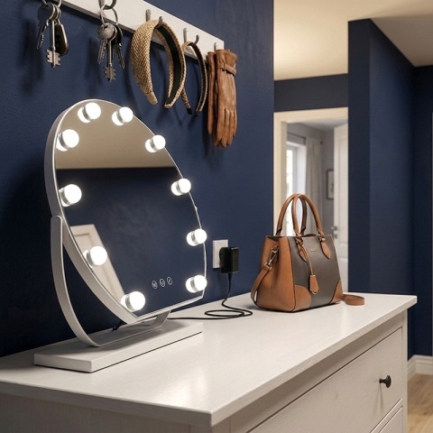 LUSTRO LED OKRĄGŁE 50 CM DO MAKIJAŻU TOALETKI PODŚWIETLANE BIAŁE METALOWE NOEMI