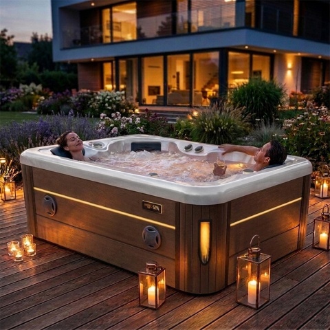 JACUZZI ® OGRODOWE WANNA SPA405 BIAŁA PERŁA OBUDOWA KAWA 195X140 CM