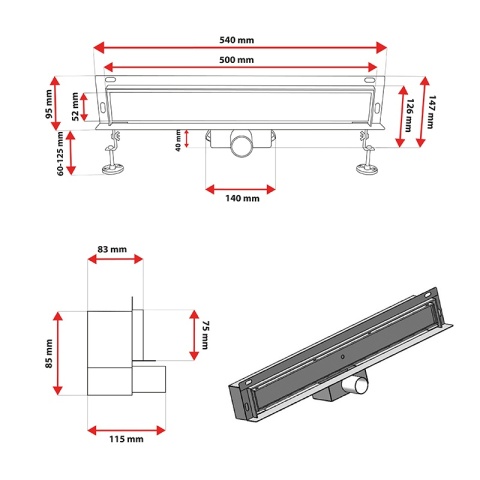ODPŁYW LINIOWY ŚCIENNY 50 CM ZŁOTY NISKI 52 MM SYFON WYSOKA PRZEPUSTOWOŚĆ DL04