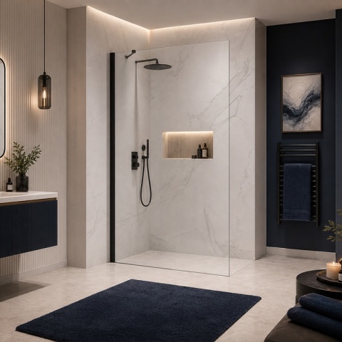 ŚCIANKA SZYBA PRYSZNICOWA 100 CM WALK-IN SZKŁO HARTOWANE 6 MM CZARNY PROFIL REGULACJA 15 MM W PROFILU PRZYŚCIENNYM KZ24