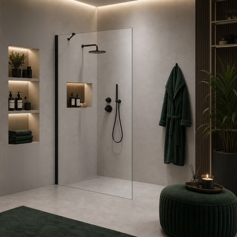 ŚCIANKA SZYBA PRYSZNICOWA 100 CM WALK-IN SZKŁO HARTOWANE 6 MM CZARNY PROFIL REGULACJA 15 MM W PROFILU PRZYŚCIENNYM KZ24