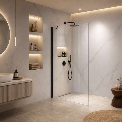 ŚCIANKA SZYBA PRYSZNICOWA 100 CM WALK-IN SZKŁO HARTOWANE 6 MM CZARNY PROFIL REGULACJA 15 MM W PROFILU PRZYŚCIENNYM KZ24