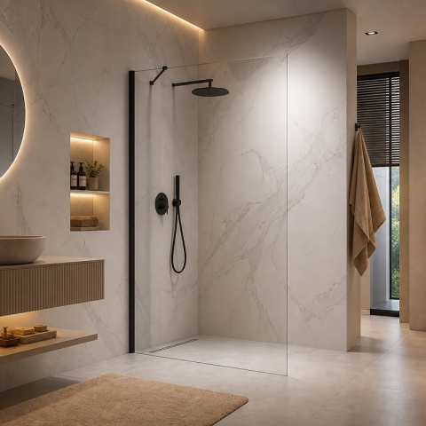 ŚCIANKA SZYBA PRYSZNICOWA 100 CM WALK-IN SZKŁO HARTOWANE 6 MM CZARNY PROFIL REGULACJA 15 MM W PROFILU PRZYŚCIENNYM KZ24