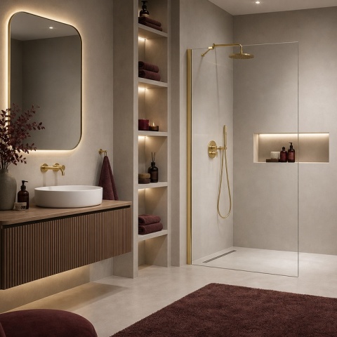 ŚCIANKA SZYBA PRYSZNICOWA 70 CM WALK-IN SZKŁO HARTOWANE 6 MM ZŁOTY PROFIL REGULACJA 15 MM W PROFILU PRZYŚCIENNYM KZ24