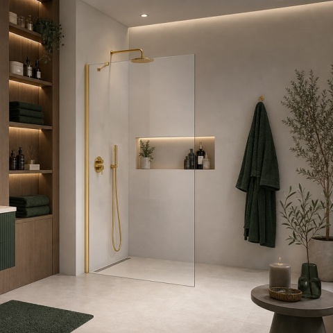 ŚCIANKA SZYBA PRYSZNICOWA 70 CM WALK-IN SZKŁO HARTOWANE 6 MM ZŁOTY PROFIL REGULACJA 15 MM W PROFILU PRZYŚCIENNYM KZ24