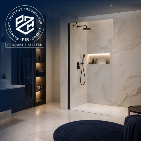 ŚCIANKA SZYBA PRYSZNICOWA 90 CM WALK-IN SZKŁO HARTOWANE 6 MM CZARNY PROFIL REGULACJA 15 MM W PROFILU PRZYŚCIENNYM KZ24