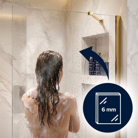 ŚCIANKA SZYBA PRYSZNICOWA 100 CM WALK-IN SZKŁO HARTOWANE 6 MM ZŁOTY PROFIL REGULACJA 15 MM W PROFILU PRZYŚCIENNYM KZ24
