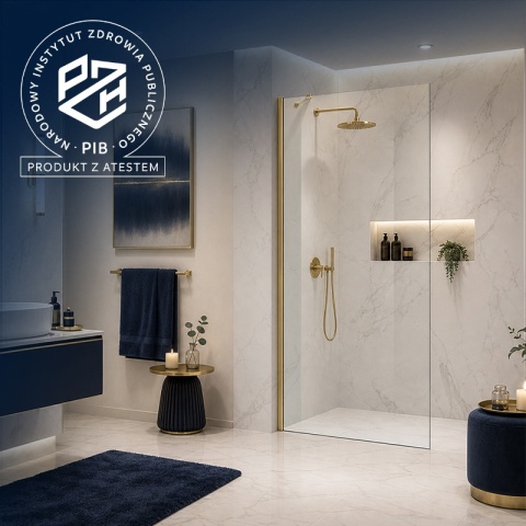 ŚCIANKA SZYBA PRYSZNICOWA 90 CM WALK-IN SZKŁO HARTOWANE 6 MM ZŁOTY PROFIL REGULACJA 15 MM W PROFILU PRZYŚCIENNYM KZ24