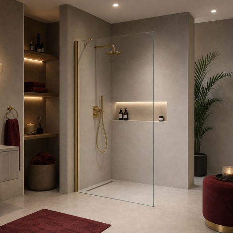 ŚCIANKA SZYBA PRYSZNICOWA 90 CM WALK-IN SZKŁO HARTOWANE 6 MM ZŁOTY PROFIL REGULACJA 15 MM W PROFILU PRZYŚCIENNYM KZ24