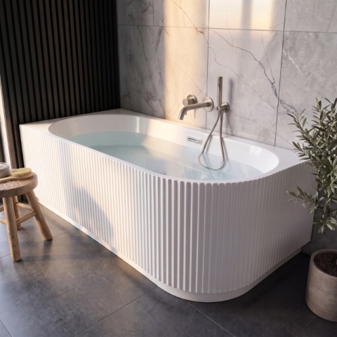 WANNA WOLNOSTOJĄCA PRZYŚCIENNA RYFLOWANA RIO 504B LEWA BIAŁA PRZELEW CHROM 150x75 CM WCIĘCIE NA LED