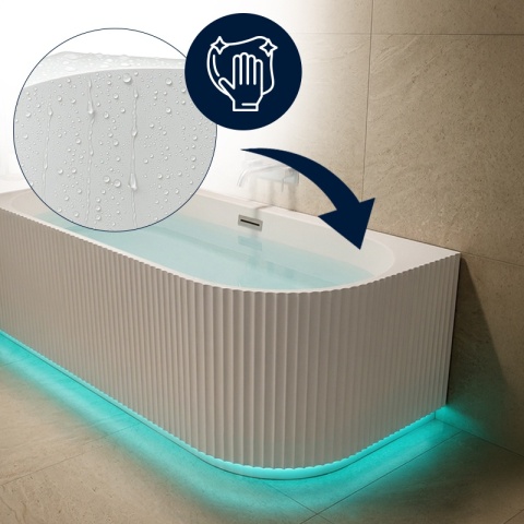 WANNA WOLNOSTOJĄCA PRZYŚCIENNA RYFLOWANA RIO 504B LEWA BIAŁA PRZELEW CHROM 150x75 CM WCIĘCIE NA LED