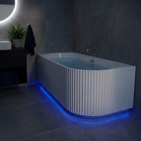 WANNA WOLNOSTOJĄCA PRZYŚCIENNA RYFLOWANA RIO 504B LEWA BIAŁA PRZELEW CHROM 150x75 CM WCIĘCIE NA LED
