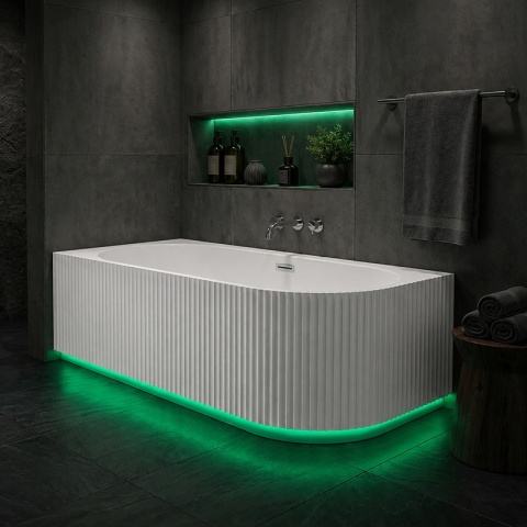 WANNA WOLNOSTOJĄCA PRZYŚCIENNA RYFLOWANA RIO 504B LEWA BIAŁA PRZELEW CHROM 150x75 CM WCIĘCIE NA LED