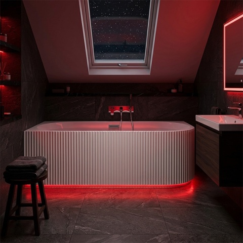 WANNA WOLNOSTOJĄCA PRZYŚCIENNA RYFLOWANA RIO 504B LEWA BIAŁA PRZELEW CHROM 150x75 CM WCIĘCIE NA LED