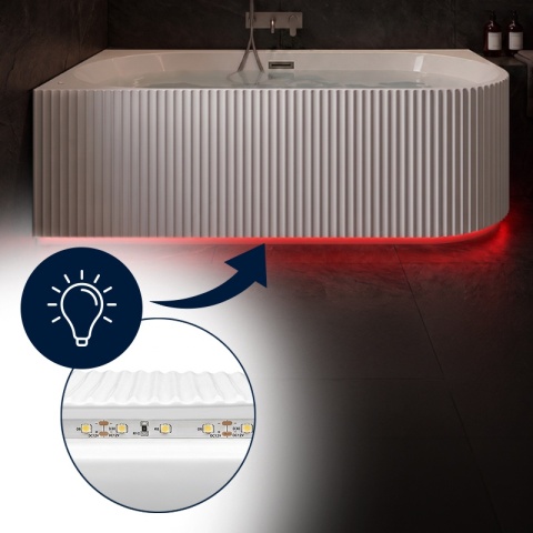 WANNA WOLNOSTOJĄCA PRZYŚCIENNA RYFLOWANA RIO 504C LEWA BIAŁA PRZELEW CHROM 160x75 CM WCIĘCIE NA LED
