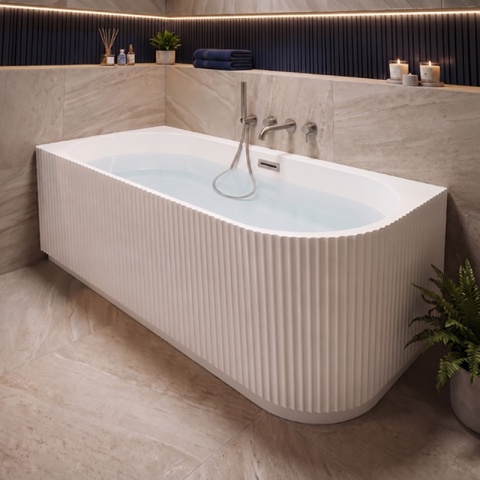 WANNA WOLNOSTOJĄCA PRZYŚCIENNA RYFLOWANA RIO 504C LEWA BIAŁA PRZELEW CHROM 160x75 CM WCIĘCIE NA LED