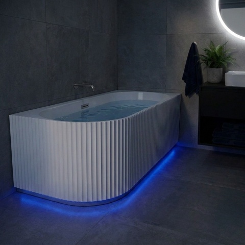 WANNA WOLNOSTOJĄCA PRZYŚCIENNA RYFLOWANA RIO 504C PRAWA BIAŁA PRZELEW CHROM 160x75 CM WCIĘCIE NA LED