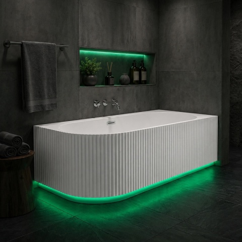 WANNA WOLNOSTOJĄCA PRZYŚCIENNA RYFLOWANA RIO 504C PRAWA BIAŁA PRZELEW CHROM 160x75 CM WCIĘCIE NA LED