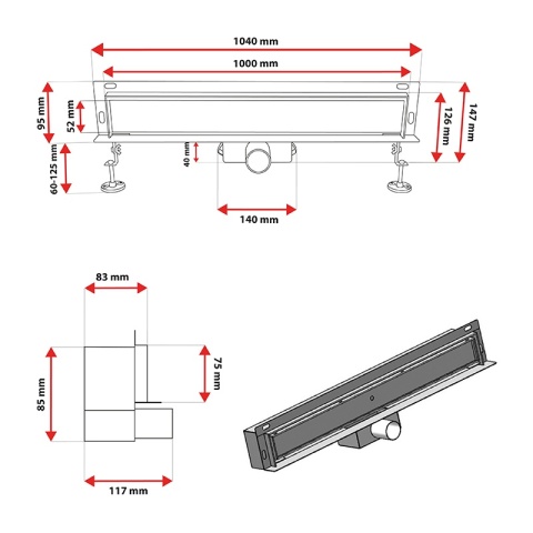 ODPŁYW LINIOWY ŚCIENNY 100 CM CZARNY NISKI 52 MM SYFON WYSOKA PRZEPUSTOWOŚĆ DL04