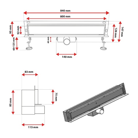 ODPŁYW LINIOWY ŚCIENNY 80 CM ZŁOTY NISKI 52 MM SYFON WYSOKA PRZEPUSTOWOŚĆ DL04