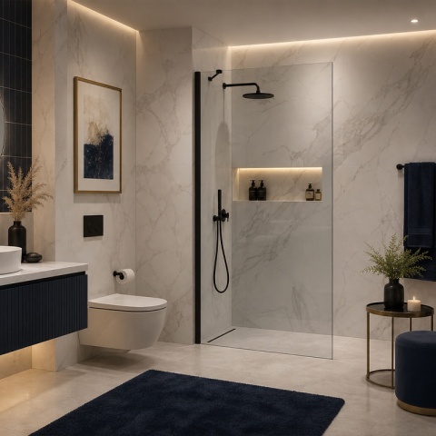 ŚCIANKA SZYBA PRYSZNICOWA 70 CM WALK-IN SZKŁO HARTOWANE 6 MM CZARNY PROFIL REGULACJA 15 MM W PROFILU PRZYŚCIENNYM KZ24