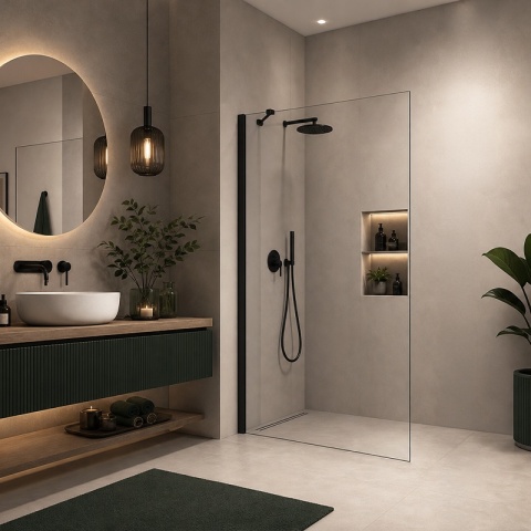 ŚCIANKA SZYBA PRYSZNICOWA 70 CM WALK-IN SZKŁO HARTOWANE 6 MM CZARNY PROFIL REGULACJA 15 MM W PROFILU PRZYŚCIENNYM KZ24