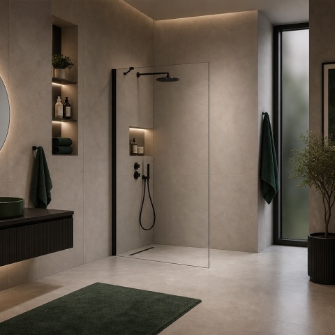 ŚCIANKA SZYBA PRYSZNICOWA 80 CM WALK-IN SZKŁO HARTOWANE 6 MM CZARNY PROFIL REGULACJA 15 MM W PROFILU PRZYŚCIENNYM KZ24