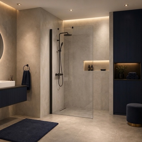 ŚCIANKA SZYBA PRYSZNICOWA 80 CM WALK-IN SZKŁO HARTOWANE 6 MM CZARNY PROFIL REGULACJA 15 MM W PROFILU PRZYŚCIENNYM KZ24