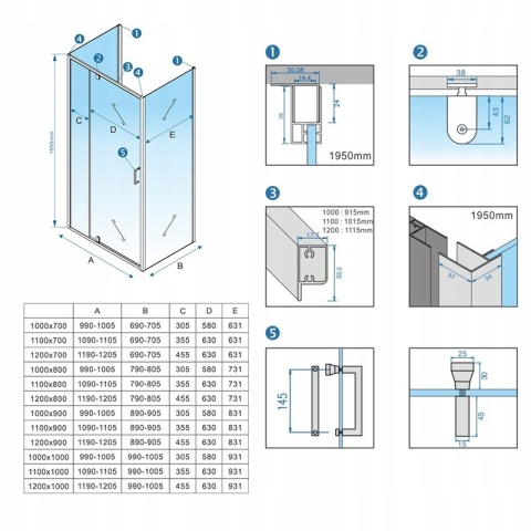 KABINA PRYSZNICOWA KWADRATOWA 100x100 3-ŚCIENNA CZARNA SZKŁO HARTOWANE REGULOWANY ALUMINIOWY PROFIL 6MM KZ23