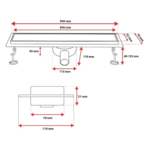 ODPŁYW LINIOWY 90 CM OBROTOWY INOX NISKI SYFON 52 MM WYSOKA PRZEPUSTOWOŚĆ DL02