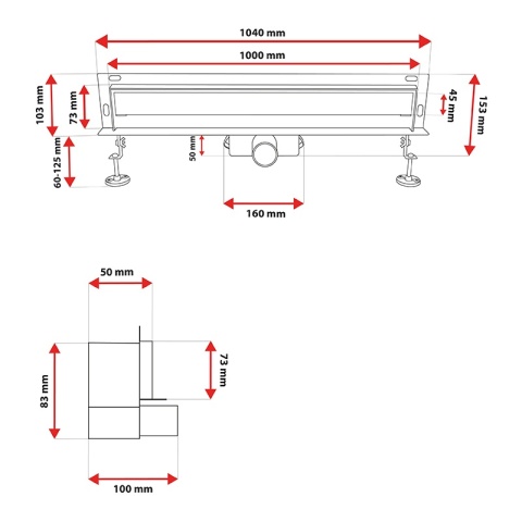 ODPŁYW LINIOWY ŚCIENNY 100 CM INOX NISKI 52 MM SYFON WYSOKA PRZEPUSTOWOŚĆ DL09